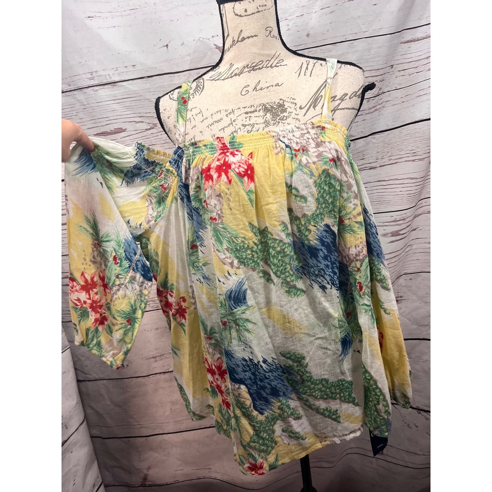 Chaps Denim Womens 3X Tropical Floral Cold Shoulder Blouse Yellow Smocked Top